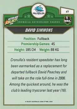 2006 Select Accolade #41 David Simmons Back